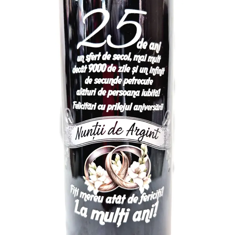 25 de ani aniversare, suport din metal cu sticla vin personalizata cu mesaj si 2 pahare personalizate 25 de ani impreuna